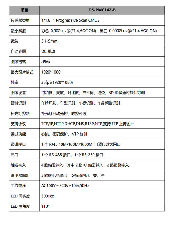 车牌识别一体机 - 参数