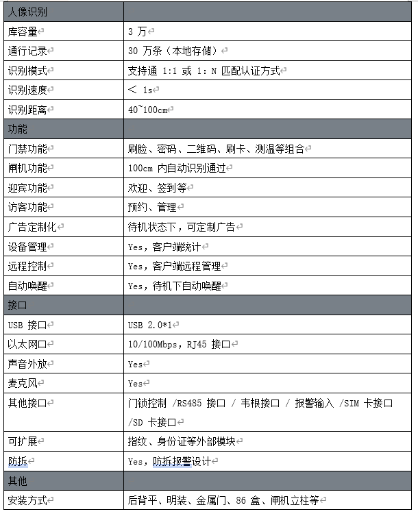 人脸识别一体机 - 参数